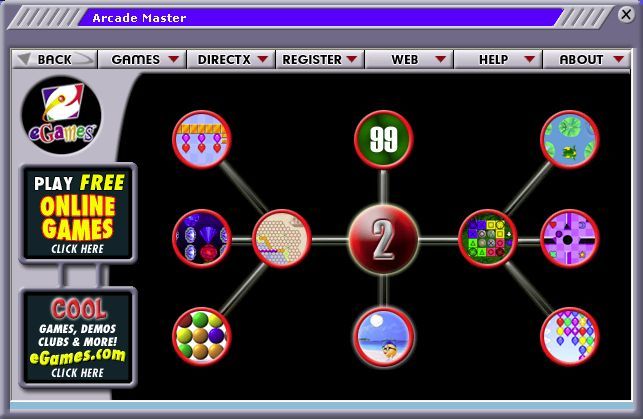 Arcade Master (Windows) screenshot: The game menu for game Room Two<br>The name of the game is displayed when the mouse cursor rolls over it<br>All menus follow the same format