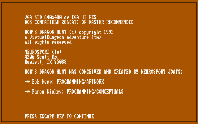 Bob's Dragon Hunt (DOS) screenshot: Requirements and Credits