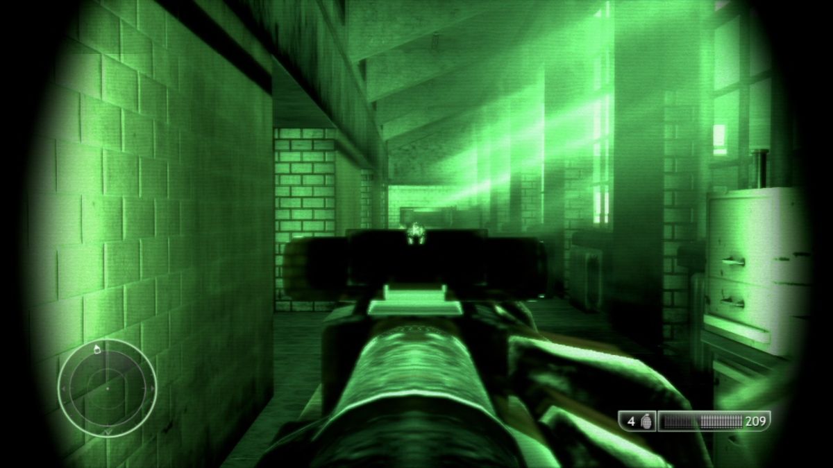 Dick Marcinko: Rogue Warrior (PlayStation 3) screenshot: Kill the lights, then use the night vision goggles to take out the unaware guards