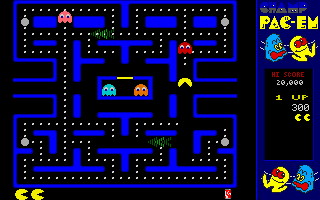 CHAMP Pac-em (DOS) screenshot: This is the "Champ" mode. The green arrows are speed ramps.