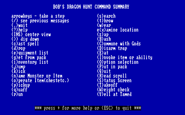 Bob's Dragon Hunt (DOS) screenshot: Part of the extensive commands listing