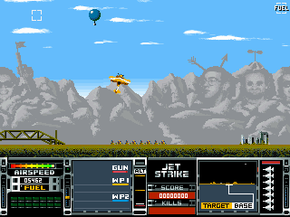 Jetstrike (DOS) screenshot: Trying to fly through the "balloon gate."