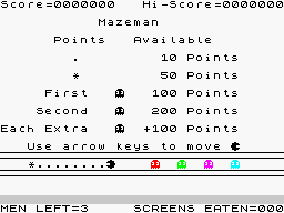 Mazeman (ZX Spectrum) screenshot: Original Mazeman and the first version (1st 1982 version). Mazeman's association with the iconic <i>Pac-man</i> is obvious.