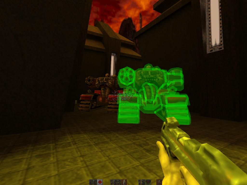 Quake II Mission Pack: The Reckoning (Windows) screenshot: We can safely assume this is next new enemy - Super Tank. The green aura is a force field.