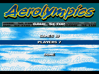 Jetstrike (DOS) screenshot: Aerolympics game setup; multiplayer is alternating hotseat, NOT simultaneous. (In other words, you take turns.)
