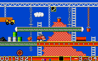 CarVup (Amiga) screenshot: Building world - main task is to drive over all girders to colour them
