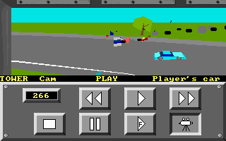 Bill Elliott's NASCAR Challenge (DOS) screenshot: Replay example of a typical two-car crash. Player's car is blue, gray and white.