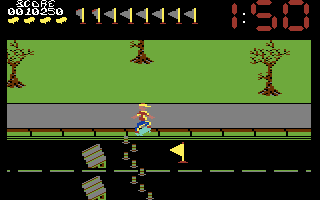 Awesome Earl in SkateRock (Commodore 64) screenshot: Use the ramps to jump over obstacles