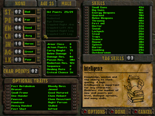 Fallout (DOS) screenshot: ...or create your own one. This will also be your character screen in the game. Note the different ratings for attributes and their descriptions