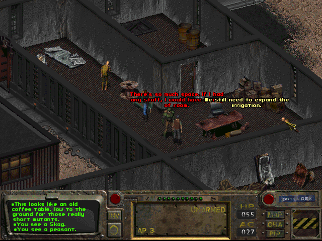 Fallout (DOS) screenshot: The "least important" type of NPCs won't even trigger dialogue choices; however, they may randomly change their lines