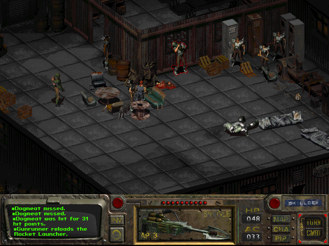 Fallout (DOS) screenshot: Fighting gunrunners. The blow from the rocket was so strong that I fell on the ground...