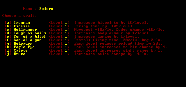Doom, the Roguelike (Windows) screenshot: Enter your name and choose a trait.