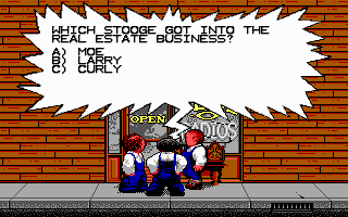 The Three Stooges (DOS) screenshot: You had better know your Stooge trivia if you want to make some fast bucks.