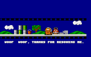 CarVup (Amiga) screenshot: Building world complete - a doggy is rescued
