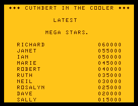 Cuthbert in the Cooler (Dragon 32/64) screenshot: Highscore list