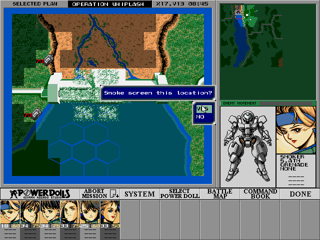 Power Dolls (DOS) screenshot: A smoke screen will hide my units on the dam while I hold off the tanks with artillery and missiles.