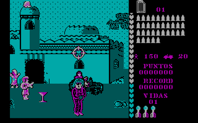 The A-Team (DOS) screenshot: Attacking the terrorists in desert town.