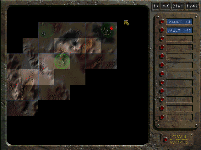 Fallout (DOS) screenshot: You begin to explore the wilderness. Travel to known locations or walk anywhere on this map and discover places on your own