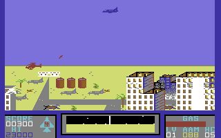 Falcon Patrol II (Commodore 64) screenshot: Missed the enemy. Looks like the rocket will hit the landing platform.