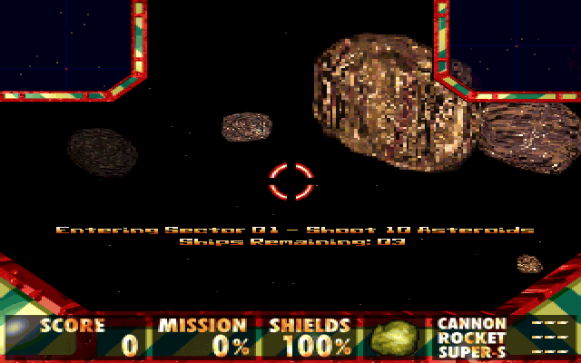 Outer Ridge (DOS) screenshot: Ten asteroids should be destroyed to finish the 1st sector.