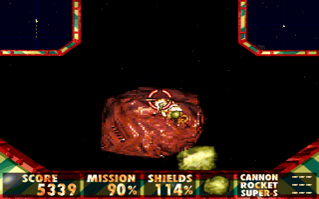 Outer Ridge (DOS) screenshot: Shooting on the red asteroid with the basic 'schnot' gun.