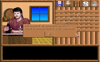 Spelljammer: Pirates of Realmspace (DOS) screenshot: Water Deep - Rix Ale House. Drink up and listen to rumors...who knows if it might come in handy in your travels.