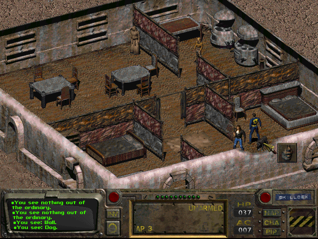 Fallout (DOS) screenshot: You'll see all kinds of houses, objects, people, and animals in the game