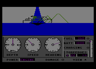GATO (Atari 8-bit) screenshot: A hit with the torpedo produces a large splash.