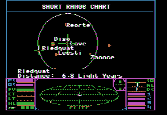 Elite (Apple II) screenshot: Pick a destination planet.