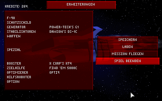 The Fourth Generation (DOS) screenshot: After certain levels, it is not possible to repair or upgrade your ship, because the player character is in mid-flight to another system (German language).