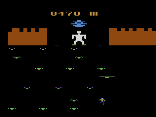 Frankenstein's Monster (Atari 2600) screenshot: If I make my way through these bats I can plant the stone