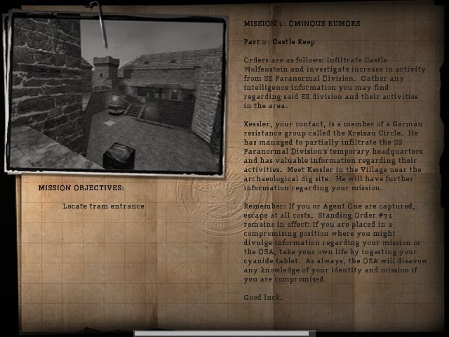 Return to Castle Wolfenstein (Windows) screenshot: Mission briefing