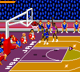 NBA Jam Tournament Edition (Game Gear) screenshot: The Nuggets goes for a dunk.