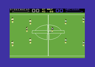 SuperStar Soccer (Commodore 64) screenshot: Kick off (Notice the SportTime logo incorporated into the pitch design)