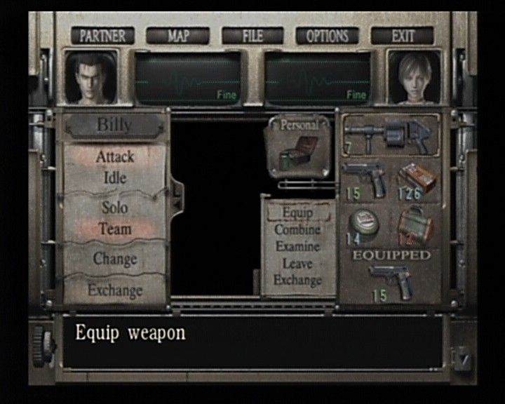 Resident Evil 0 (GameCube) screenshot: RE0 introduces real teamplay as now you have to worry about both, the partner character (the one that AI controls) and your main character (under your control).