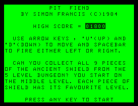 Pit Fiend (Dragon 32/64) screenshot: Instructions