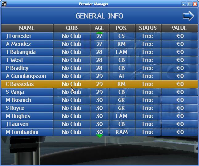 Premier Manager: 2002/2003 Season (Windows) screenshot: A search result for players without clubs