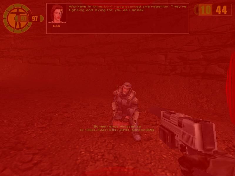 Red Faction (Windows) screenshot: Red screen will mean you're someone's target bigtime.