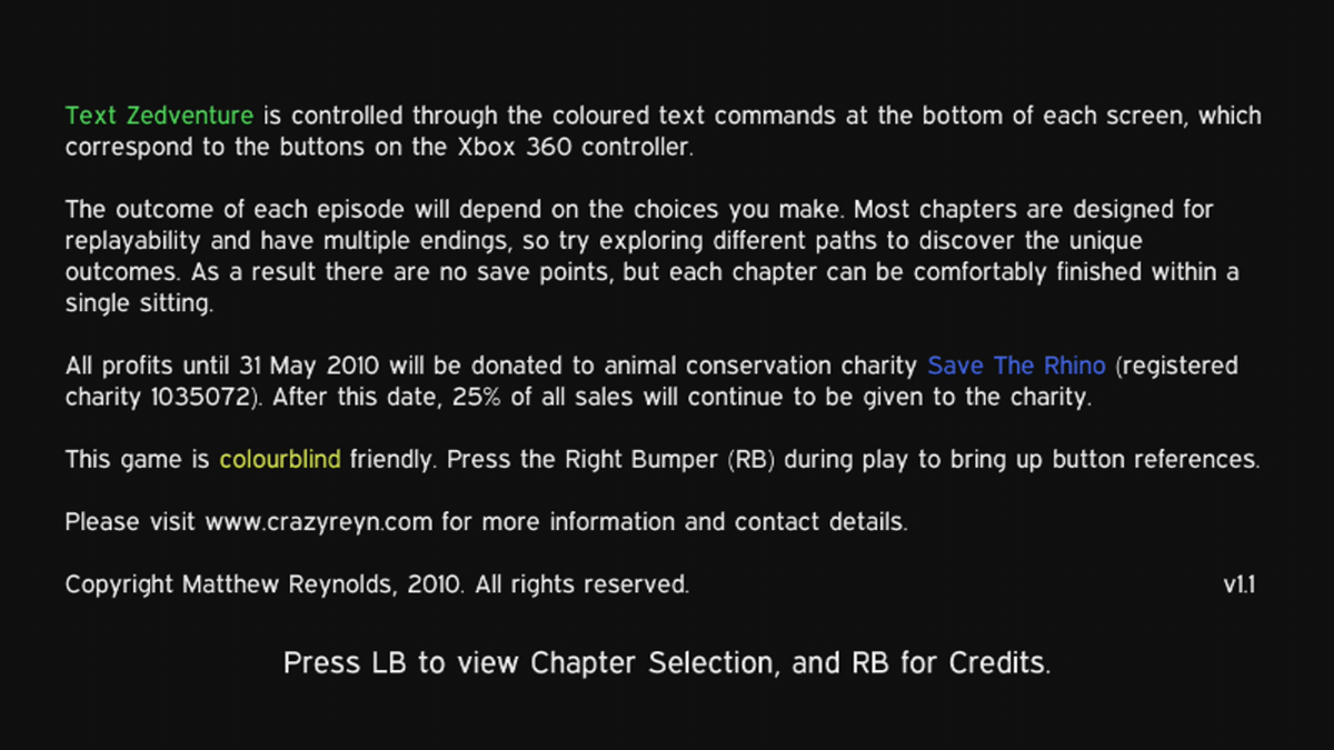Text Zedventure (Xbox 360) screenshot: Some instructions (Trial version)