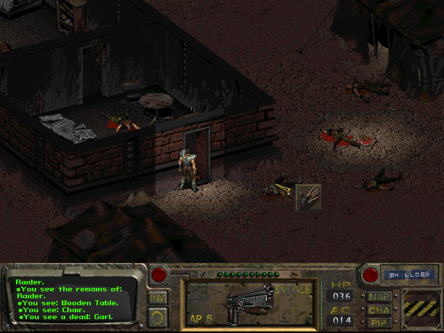 Fallout (Windows) screenshot: Search enemies for weapons and supplies