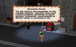Bureau 13 (DOS) screenshot: Using her divination spells the witch can fetch information that would be otherwise unreachable