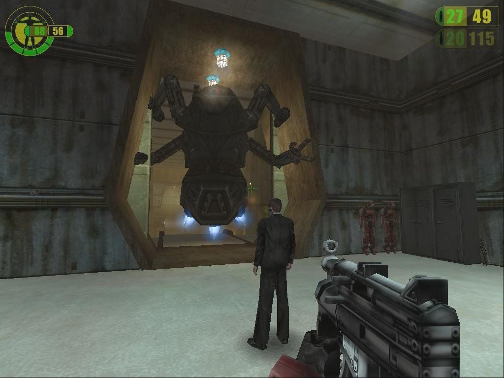 Red Faction (Windows) screenshot: Parker and Gryphon come face-to-face with the very nasty Ultor Personnel Suppression Combot