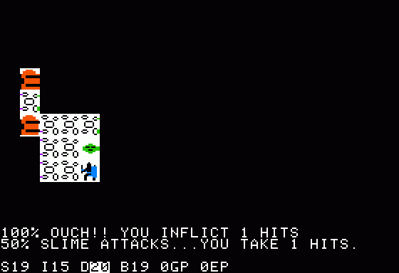 Beneath Apple Manor (Apple II) screenshot: Fighting some slime.