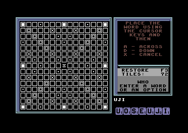 The Computer Edition of Scrabble Brand Crossword Game (Commodore 64) screenshot: Position the word on the board and select across or down.