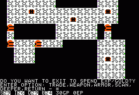 Beneath Apple Manor (Apple II) screenshot: When leaving the dungeon, you have the opportunity to buy new equipment and trade experience for better stats.