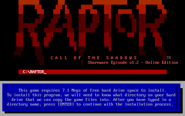 Raptor: Call of the Shadows (DOS) screenshot: ANSI art logo used in the "Online Edition" (downloadable) shareware installer.