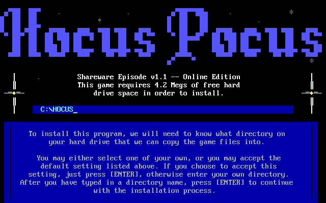 Hocus Pocus (DOS) screenshot: ANSI art logo used in the "Online Edition" (downloadable) shareware installer.