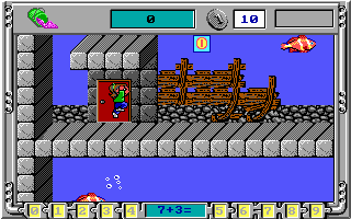 Math Rescue (DOS) screenshot: Romping around an underwater platform level