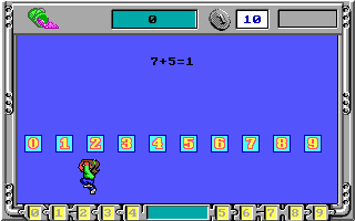 Math Rescue (DOS) screenshot: Touching a numbered problem brings you to this arithmetical sub-screen. Jump into the correct digits!