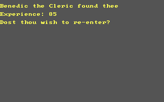 Dunjonquest: Temple of Apshai (DOS) screenshot: I died, but was rescued! Re-enter the dungeon?